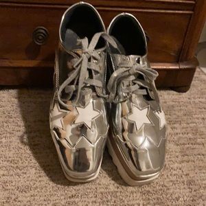 Silver platform sneakers, size 5